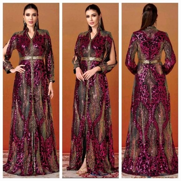 Hot Pink, Bishop Sleeves, V Neck, Contrast Sequined Mermaid Maxi Gown - Picture 1 of 11
